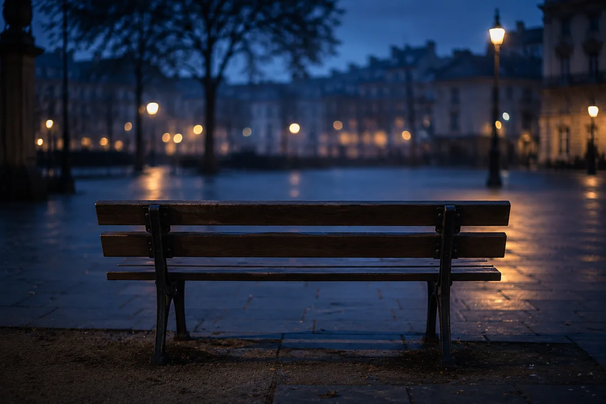 An empty wooden park bench at dusk photographed from behind, a quiet public square out of focus in the background.