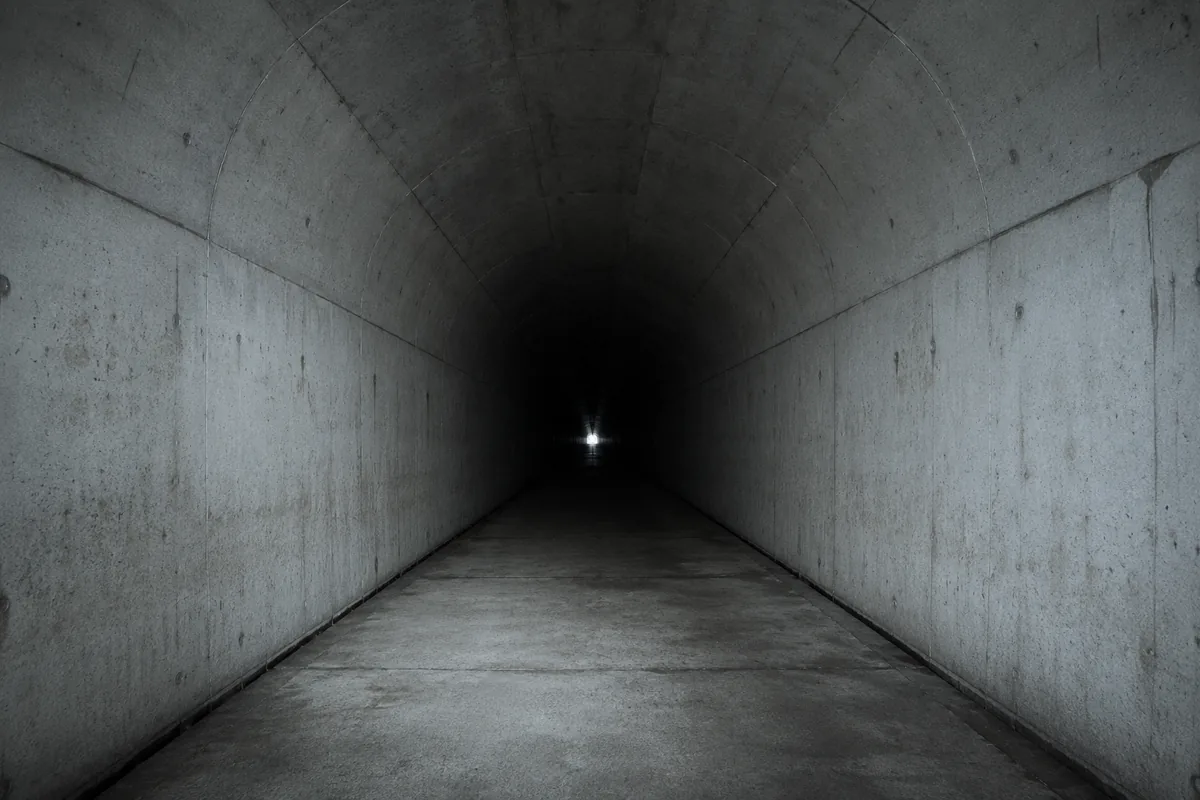 An empty tunnel of pale concrete receding into darkness, a single dim light at the far end.