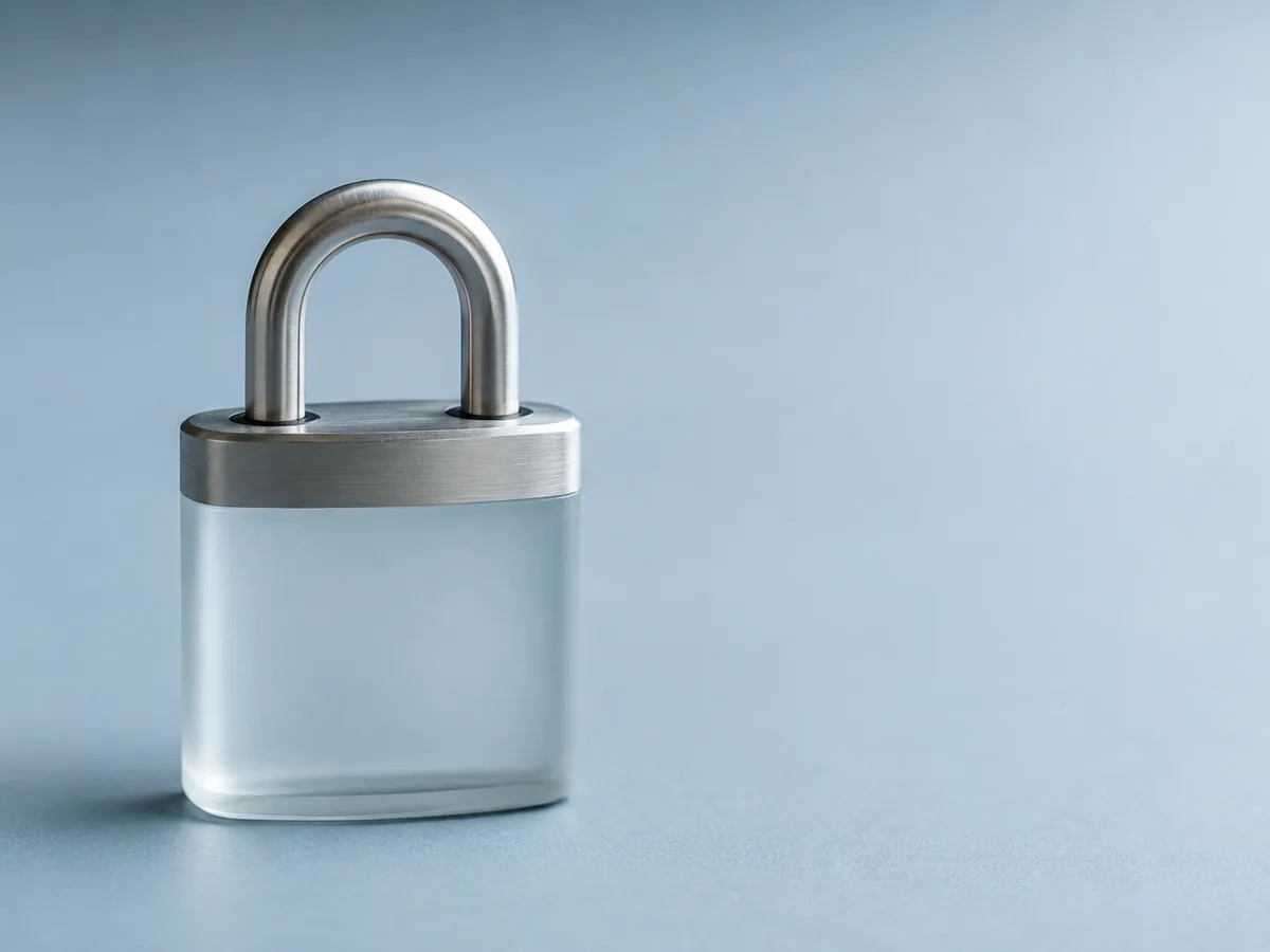 A shut padlock in frosted glass and brushed steel on a pale blue surface, softly lit.