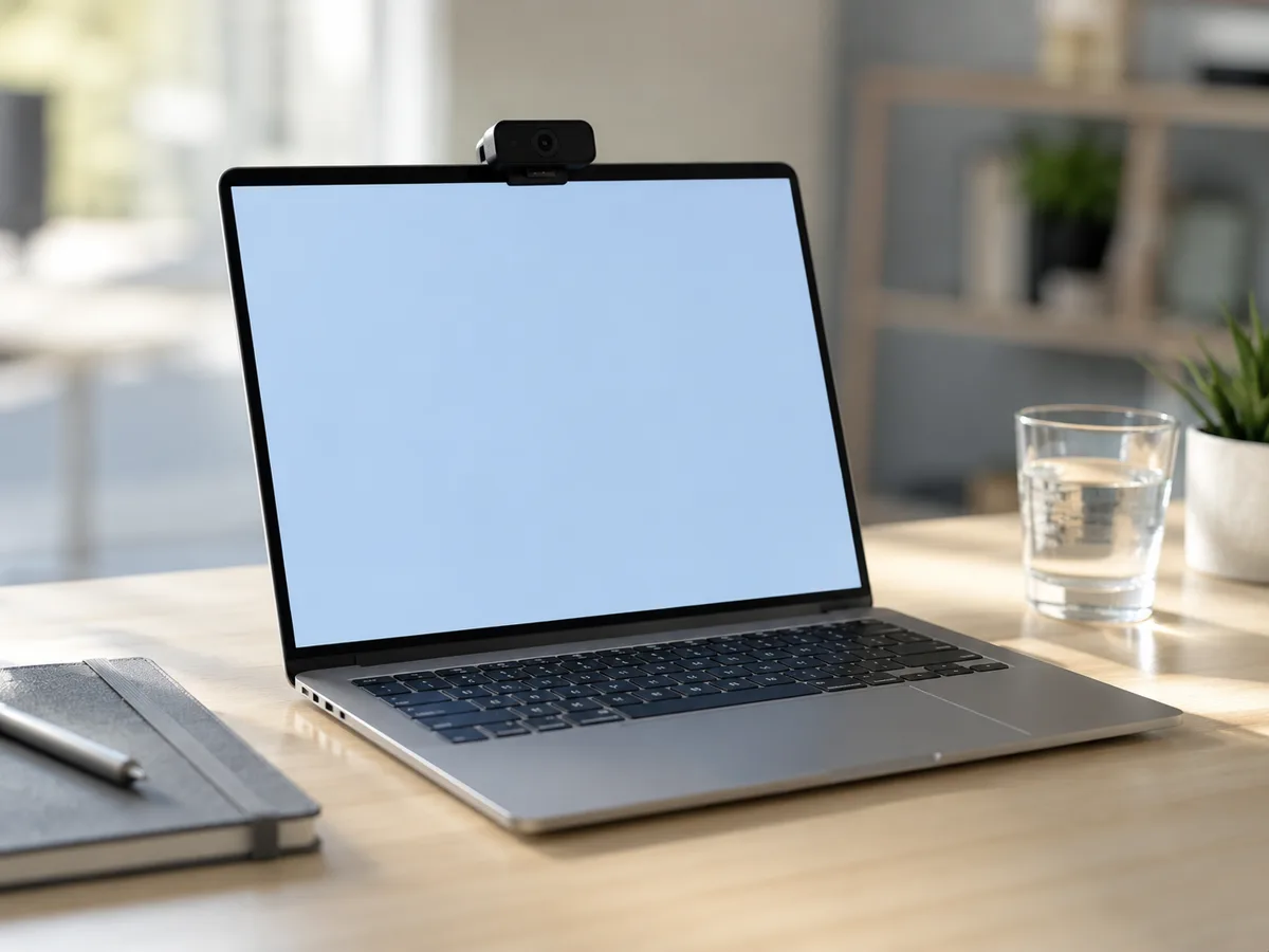 Một máy tính xách tay mở trên bàn gỗ sáng màu, một webcam nhỏ kẹp trên mép màn hình trắng đang sáng; xung quanh là sổ tay, bút và một cốc nước.