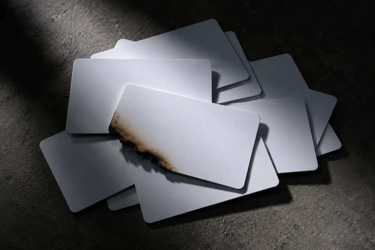 A stack of blank plastic identity cards scattered across a dark surface, one card partially burned at the corner.