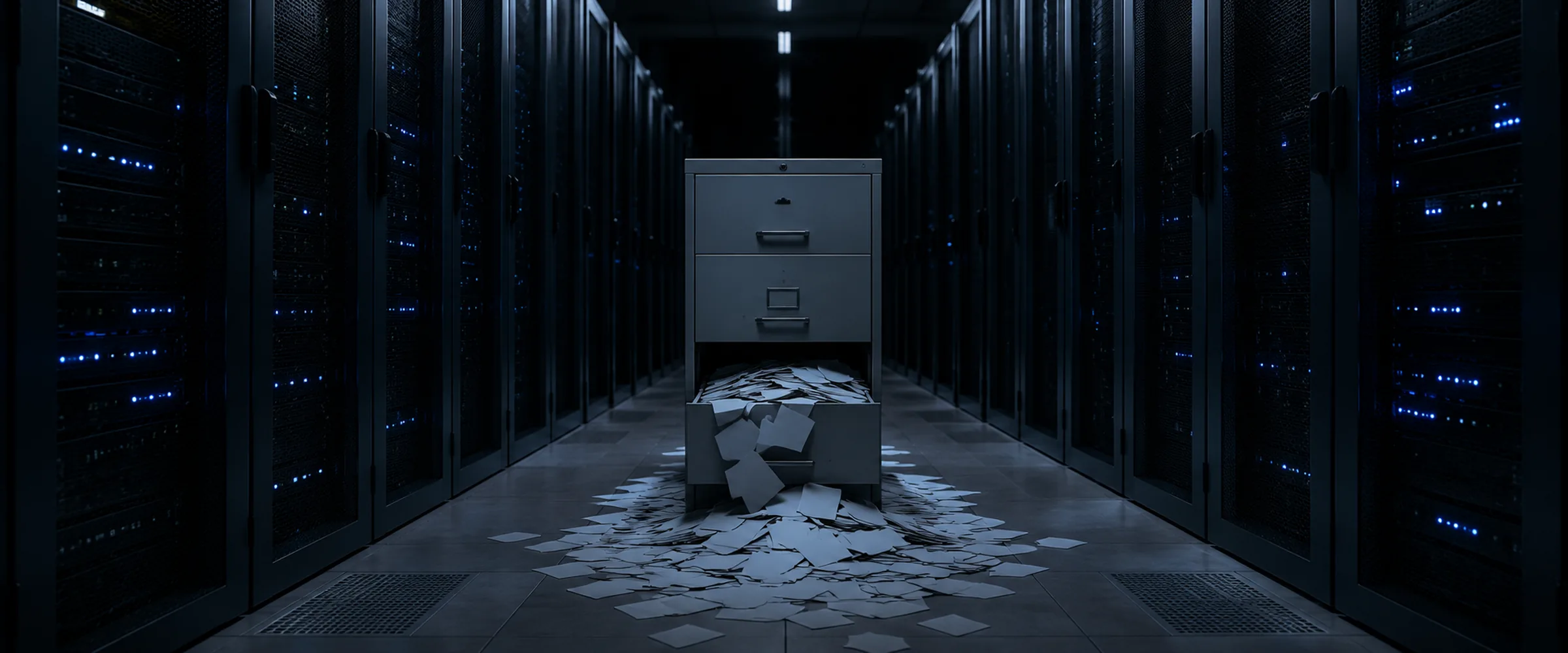 A dark server-room corridor, rows of racks with small blue indicator lights on both sides; in the centre, the open drawer of a metal filing cabinet spills blank identity documents scattering across the floor.