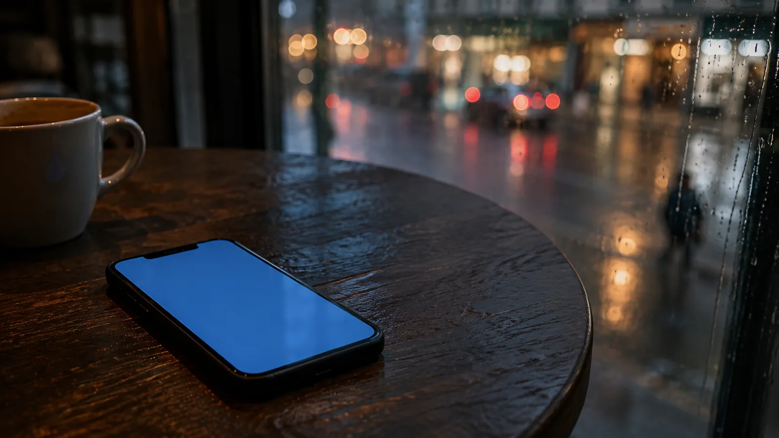 A phone on a café table, blank screen, a blurry rainy street out the window.